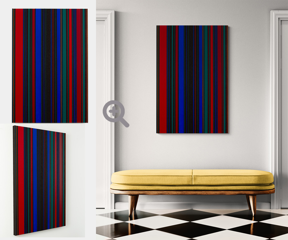 KH#350: Streifengemaelde mit blauen, roten, gruenen und schwarzen senkrechten Streifen